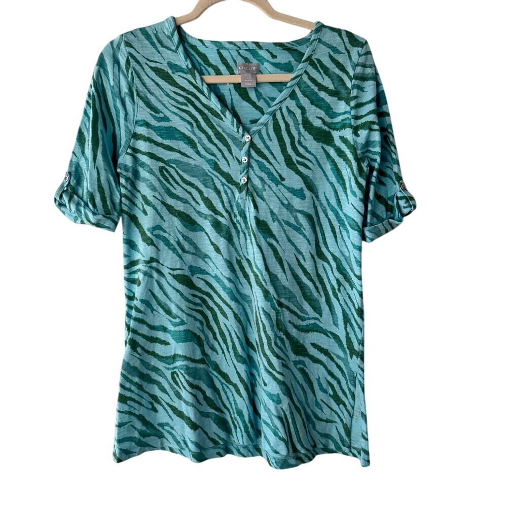 Chicos Zebra‎ Print Henley Top Teal Green Cotton Modal Size 0 XS S